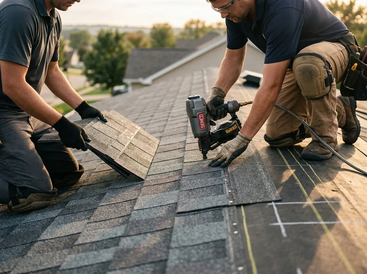 Professional roofer working on a residential roof in Leland